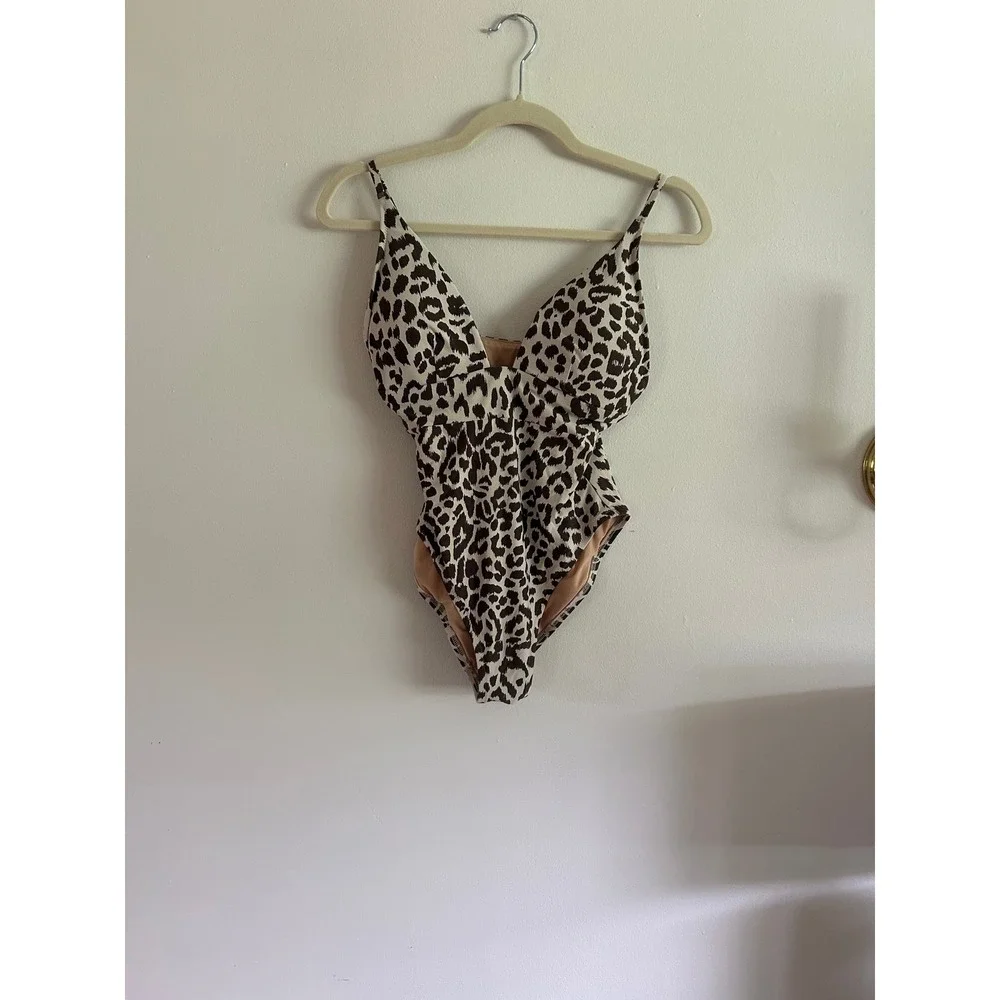 J.Crew Leopard Print V-Neck One-Piece Swimsuit Brown Cream Animal Print Size 8